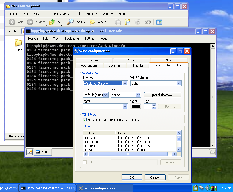 XP Luna theme running in WINE for Debian