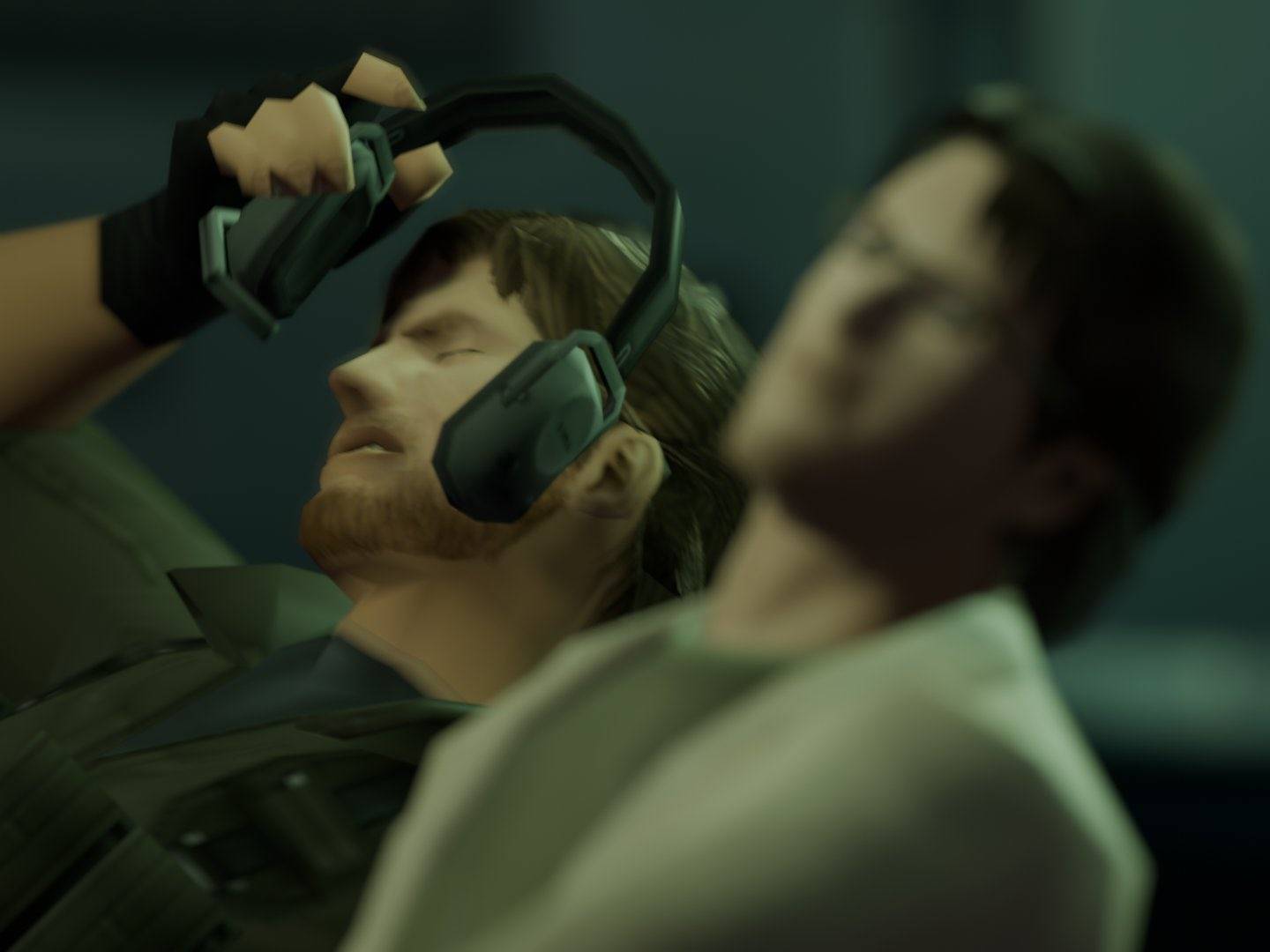 Solid Snake and Otacon pulling off headphones